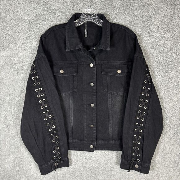 Tic Tic Women’s Large Black Denim Jean Jacket Lace Up Sleeves - Picture 1 of 9